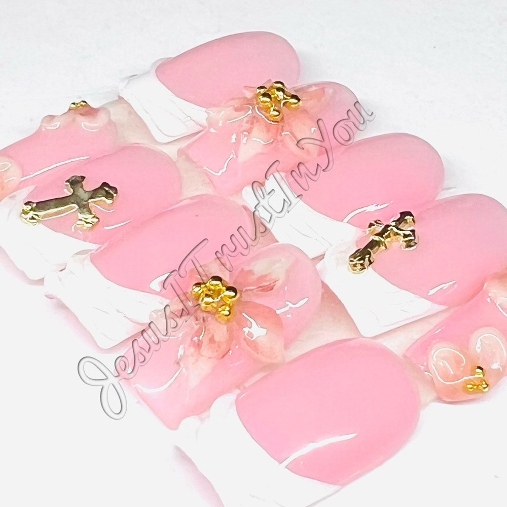 Pink Floral Cross Press-On Nails - Women Makeup Press-On Nails